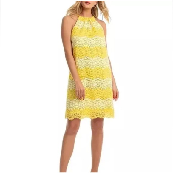 Trina Turk medium Retreat buttercup yellow lace halter dress cocktail summer